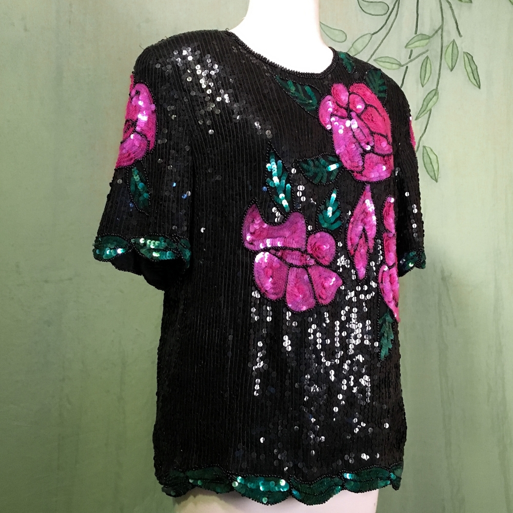 Vintage 80s 90s silk sequin beaded glam tunic top